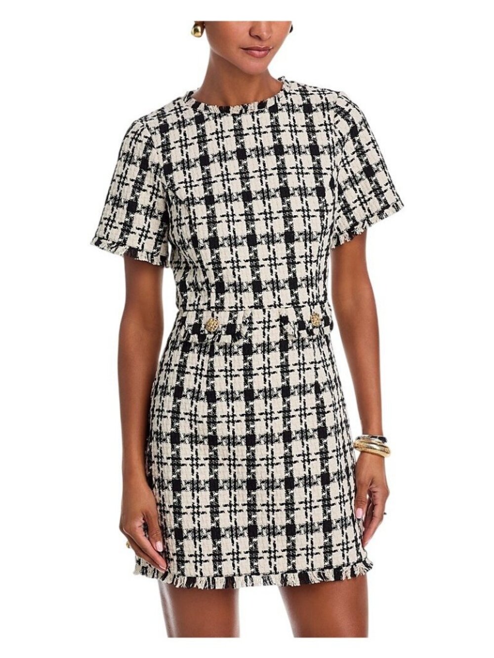 NWT Aqua Tweed Pocket Frayed Hem Embellished Shift Dress Black / White 2XS